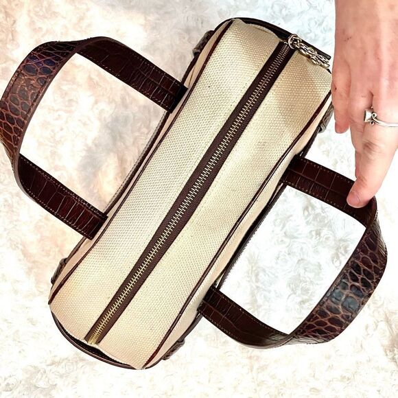 Vintage Diane Von Furstenberg Croc Embossed Leather and Cream Canvas Handbag - Picture 3 of 11